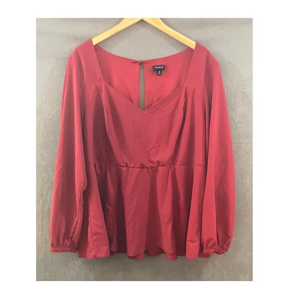 Torrid Womens Plus Size 3 Dark Red Peplum Top Sweetheart Neck Long Sleeve Blouse